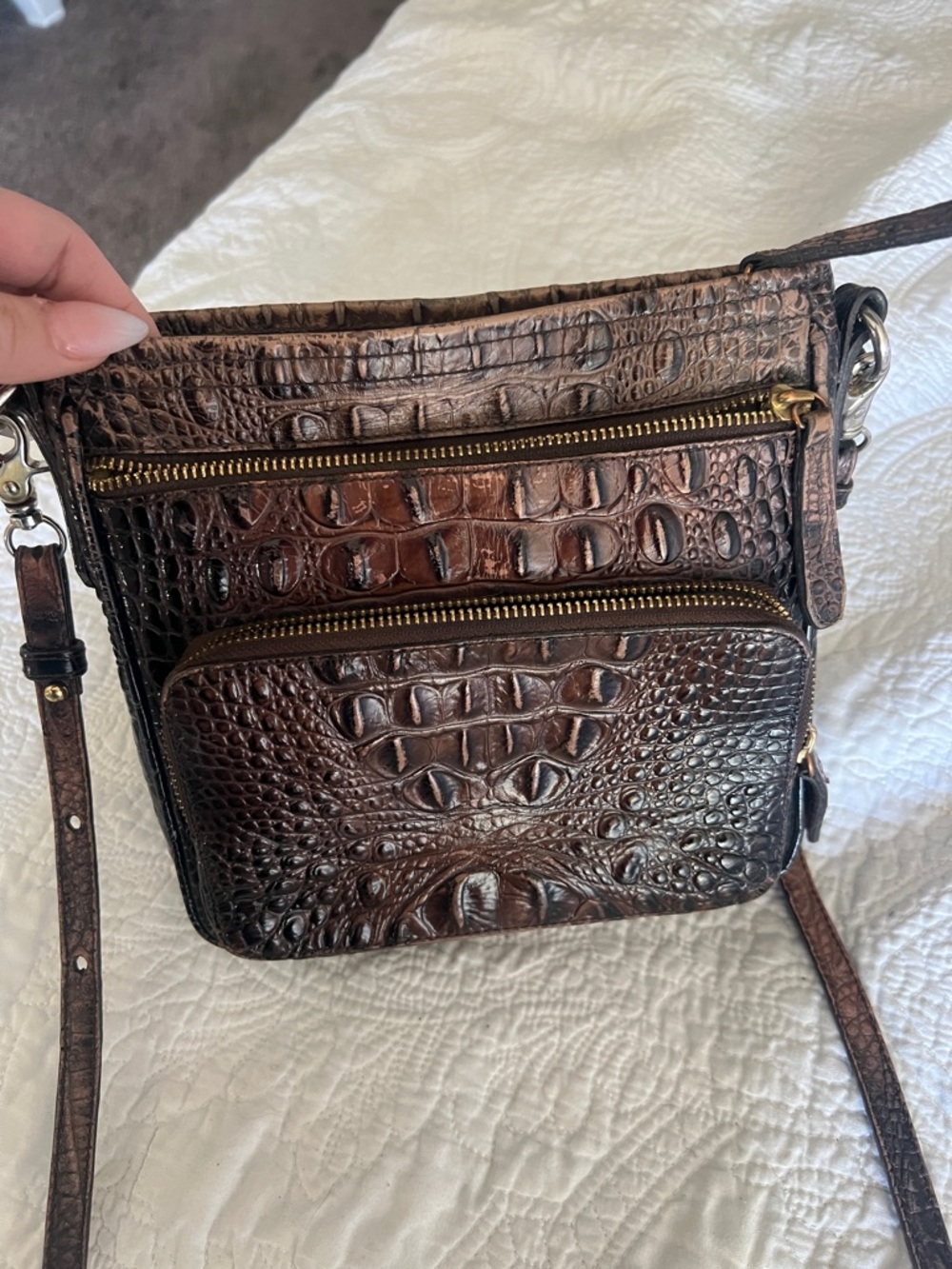 Brahmin Croc-Embossed Leather Crossbody in Brown with Gold Hardware